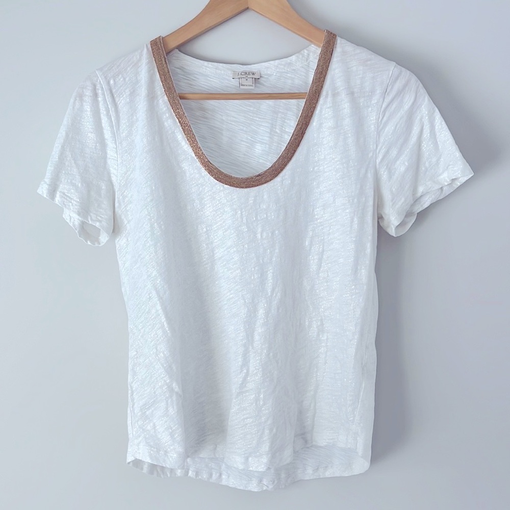 J. Crew White Short Sleeve Tee with Metallic Bronze Trim